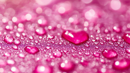 Poster - Close-up of pink droplets on a vibrant surface with heart-shaped reflection at dawn