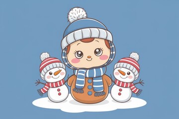 Poster - A cute cartoon girl in winter clothes with two snowmen