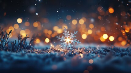 Poster - Beautiful Snowflake with Sparkling Light Effect on a Frosty Ground Surrounded by Soft Bokeh in an Enchanting Winter Wonderland Setting