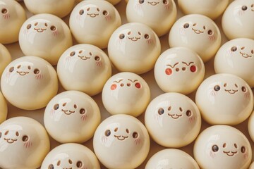 Poster - Close up shot of many round white objects with cute cartoon faces.