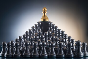 Poster - Golden chess pawn stands atop a pyramid of silver pawns  symbolizing leadership and success.