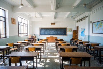 Poster - Empty classroom with desks and chairs arranged in rows facing a blackboard.
