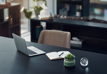 Poster - Office, desk and notebook with laptop for digital, research information and online website for startup. Interior, technology and equipment on table for career, software update and journal for notes