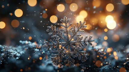 Poster - Beautiful Frosted Snowflake on Soft Surface with Sparkling Golden Bokeh Background Creating a Magical Winter Wonderland Atmosphere