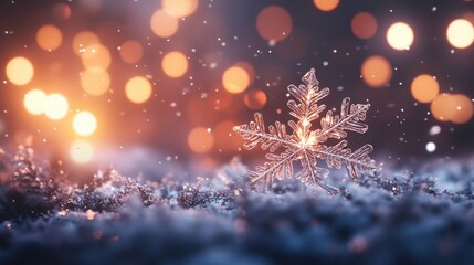 Poster - Glowing Snowflake on a Frosty Surface Surrounded by Warm Light Bokeh Effects, Capturing the Beauty of Winter and the Holiday Season in a Magical Atmosphere
