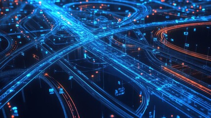 Poster - Stunning Aerial View of a Complex Highway Interchange at Night Featuring Glowing Blue and Orange Light Trails, Digital Transport Concept