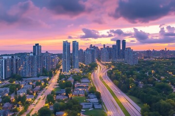 Aerial view of Mississauga skyline at sunset, Ontario - Canadar