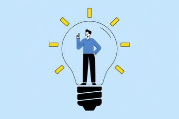 Fototapete - A man stands inside a lightbulb  symbolizing a bright idea.
