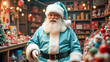 © vladnikon - Santa Claus with a cheerful expression standing in a festive workshop filled with toys and decorations during the holiday season