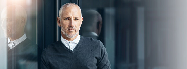 Leinwandbilder - Business man, portrait and serious in office with ceo, banner and mockup of property developer. Real estate, about us and confidence of mature professional with investment opportunity and ambition