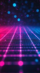 Poster - a vibrant digital landscape with glowing dots and lines in pink and blue hues.