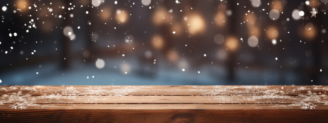 Canvas Print - Empty old wooden table with winter background. Winter or Christmas scene with mockup table on background of winter