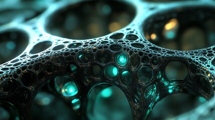 Poster - Abstract representation of interconnected cellular structures with glowing elements.