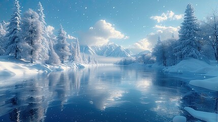 Wall Mural - A winter backdrop with snow-covered trees, frozen lakes and gentle snowfall, creates a winter wonderland of peace and tranquility.