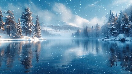 Wall Mural - A winter backdrop with snow-covered trees, frozen lakes and gentle snowfall, creates a winter wonderland of peace and tranquility.