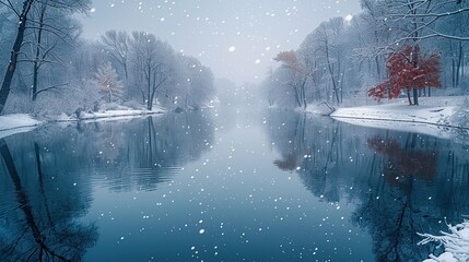 Wall Mural - A winter backdrop with snow-covered trees, frozen lakes and gentle snowfall, creates a winter wonderland of peace and tranquility.