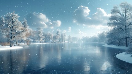 Wall Mural - A winter backdrop with snow-covered trees, frozen lakes and gentle snowfall, creates a winter wonderland of peace and tranquility.