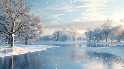 Wall Mural - A winter backdrop with snow-covered trees, frozen lakes and gentle snowfall, creates a winter wonderland of peace and tranquility.
