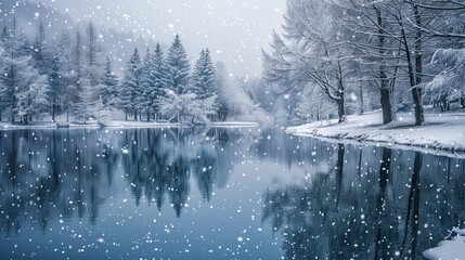 Wall Mural - A winter backdrop with snow-covered trees, frozen lakes and gentle snowfall, creates a winter wonderland of peace and tranquility.