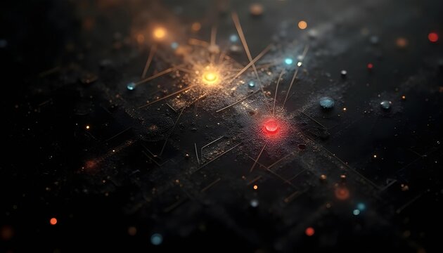 Abstract composition of overlapping geometric shapes, lines, and glowing spheres in gold, blue, and red