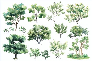 Set of watercolor green trees isolated on a white background, ideal for landscape and architectural drawings, environmental elements, gardens, and botanical spring sections