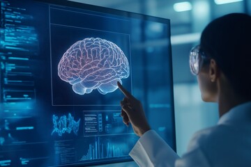 scientist pointing at 3d digital brain model on a monitor. advanced medical technology for neuroscie