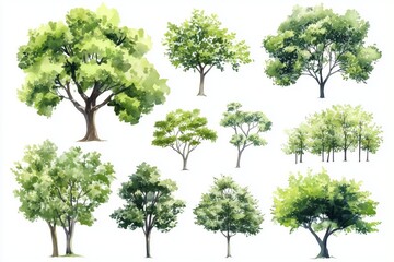 Set of watercolor green trees isolated on a white background, ideal for landscape and architectural drawings, environmental elements, gardens, and botanical spring sections