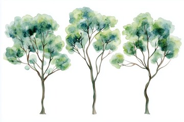 Set of watercolor green trees isolated on a white background, ideal for landscape and architectural drawings, environmental elements, gardens, and botanical spring sections