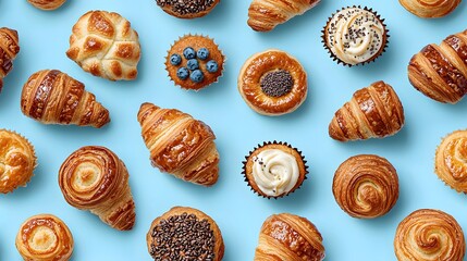 Top down view of fresh pastries including croissants, muffins and danishes, Generative AI