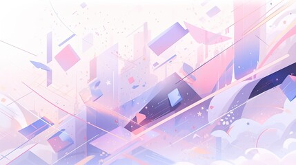 Wall Mural - Abstract design with layered 2D and 3D elements in soft pastels, featuring overlapping shapes and shadows for a dimensional effect.