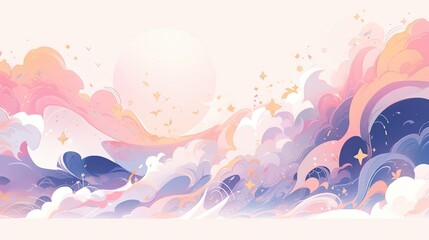 Wall Mural - Abstract design with layered 2D and 3D elements in soft pastels, featuring overlapping shapes and shadows for a dimensional effect.