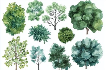 various green trees, bushes and shrubs, top view for landscape design plan. vector watercolor illust