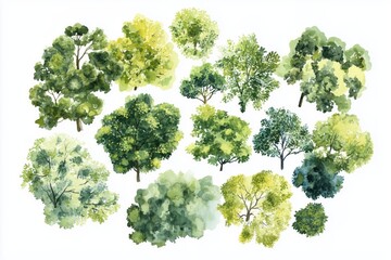 watercolor illustration of diverse trees and shrubs for landscape planning aerial view with soft org