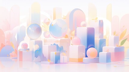 Wall Mural - Abstract 3D shapes and gradient colors, providing a sense of depth and energy in a pastel palette.