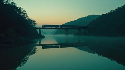 Canvas Print - Misty Morning Train Crossing a Serene Lake Bridge