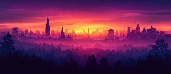 Sticker - Cityscape at Sunset: A Breathtaking View of Urban Skyline from a Misty Forest