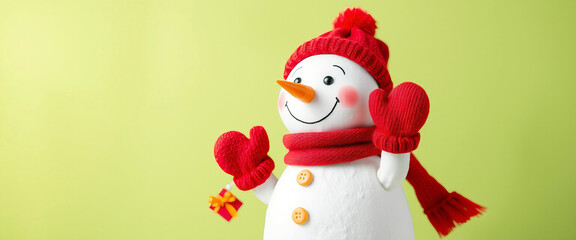 Wall Mural - Snowman with red mittens and scarf waving on green background with copy space represents the festive season of christmas and winter holidays.