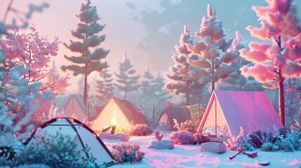 Wall Mural - A camping spot, with soft colored tents, burning campfires and a serene natural backdrop.
