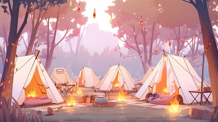 Wall Mural - A camping spot, with soft colored tents, burning campfires and a serene natural backdrop.