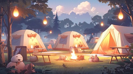 Wall Mural - A camping spot, with soft colored tents, burning campfires and a serene natural backdrop.
