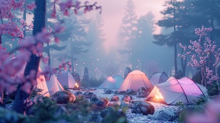 Wall Mural - A camping spot, with soft colored tents, burning campfires and a serene natural backdrop.
