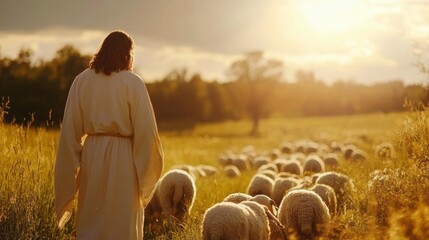 Poster - A man dressed in a white robe is leading a flock of sheep in a field