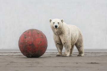 Wall Mural - Polar bear standing near large red ball on beach.