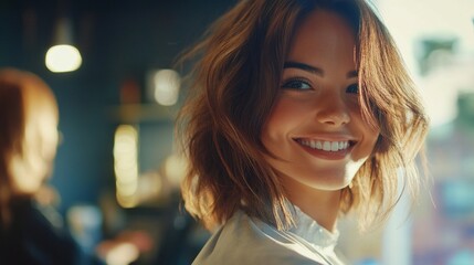 Aufkleber - A woman with short hair is smiling and looking at the camera