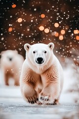 Wall Mural - Polar bear walking towards the camera in snowy landscape.