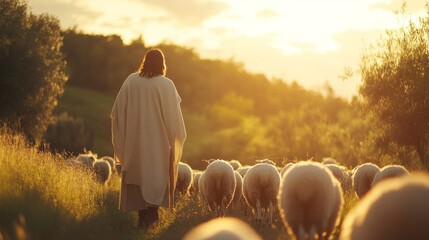 Poster - A man dressed in a white robe walks through a field of sheep