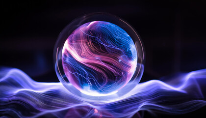 Wall Mural - magic sphere with plasma glow. abstract futuristic flowing neon energy ball with glowing waves.