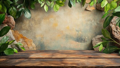 Poster - Natural greenery background with wooden surface indoor decorative focus serene atmosphere