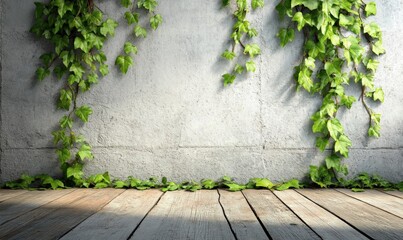 Poster - Vibrant green ivy leaves on weathered concrete wall indoor natural decor calm atmosphere