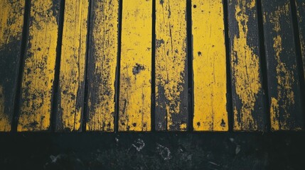 Aged yellow wooden planks with a dark finish, displaying a textured surface and weathered details from a top-down perspective.